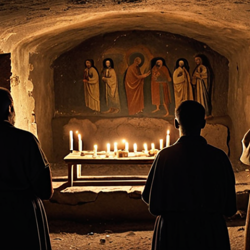 Home 15 **
Prompt: "A dimly lit catacomb scene. Early Christians gather in secret, praying around a simple altar. Flickering candlelight reveals ancient frescoes on the walls depicting biblical scenes. Focus on the expressions of hope and faith on the faces of the people, despite the oppressive atmosphere. Moody, dramatic lighting, Roman era."
**