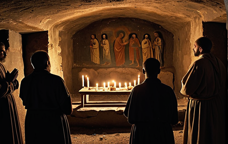 **

Prompt: "A dimly lit catacomb scene. Early Christians gather in secret, praying around a simple altar. Flickering candlelight reveals ancient frescoes on the walls depicting biblical scenes. Focus on the expressions of hope and faith on the faces of the people, despite the oppressive atmosphere. Moody, dramatic lighting, Roman era."

**