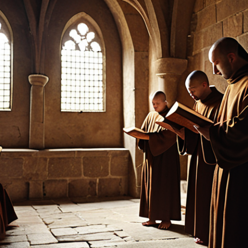 Home 14 **Gregorian chant in a medieval monastery:** Depict monks in a dimly lit, stone monastery, singing Gregorian chants from an ancient book. Focus on the solemnity and spirituality of the scene. Consider adding shafts of light through arched windows and using a muted, earthy color palette.