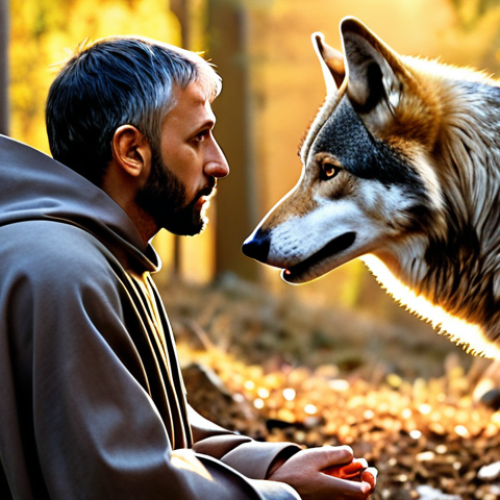 Home 7 **St. Francis of Assisi gently talking to a large wolf in a forest clearing near Gubbio. Focus on the compassionate expression on Francis's face and the wolf's attentive posture. Soft, warm lighting. Golden hour.** (This prompt is inspired by the story of the wolf of Gubbio, highlighting the theme of redemption and brotherhood)