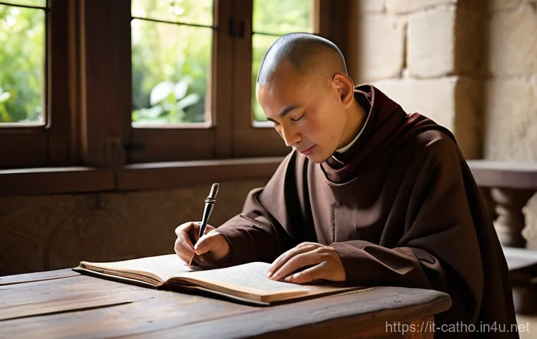 중세 수도원의 삶 - **Prompt:** A tranquil medieval monastic scene illustrating the 'Ora et Labora' principle. In a sun-...