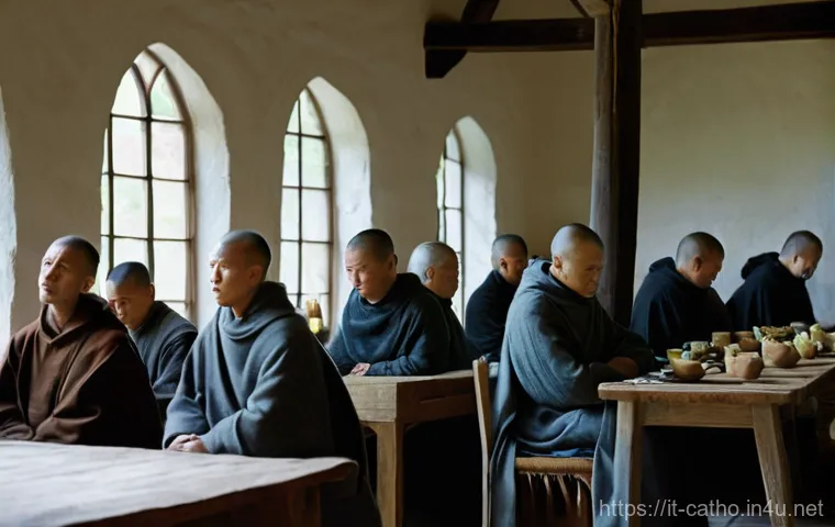 중세 수도원의 삶 - **Prompt:** A tranquil medieval monastic scene illustrating the 'Ora et Labora' principle. In a sun-... 중세 수도원의 삶 - **Prompt:** A tranquil medieval monastic scene illustrating the 'Ora et Labora' principle. In a sun-...