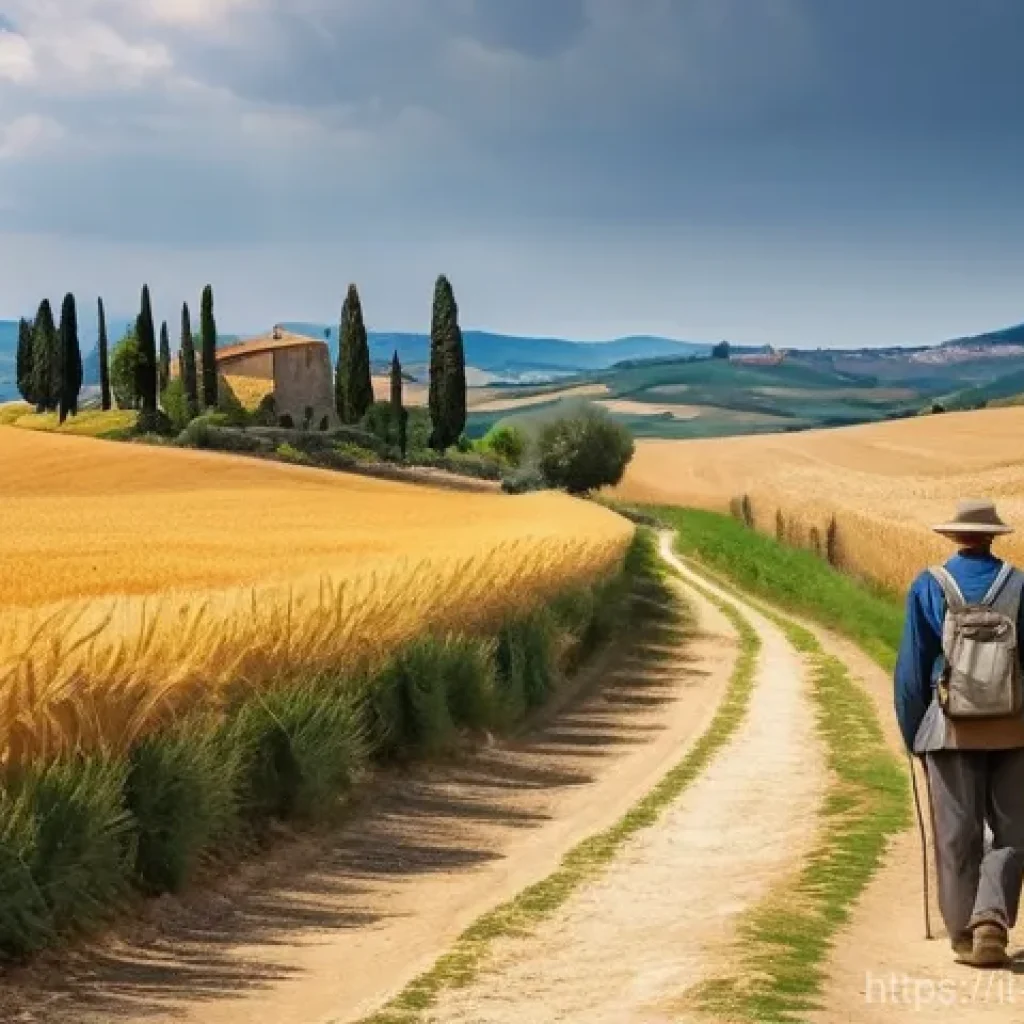 성지 순례의 의미와 인기 코스 - **Prompt 1: Serene Reflection on the Via Francigena**
"A solitary pilgrim, gender-neutral, walks...