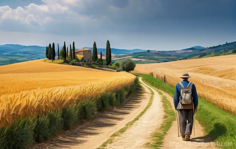성지 순례의 의미와 인기 코스 - **Prompt 1: Serene Reflection on the Via Francigena**
    "A solitary pilgrim, gender-neutral, walks...