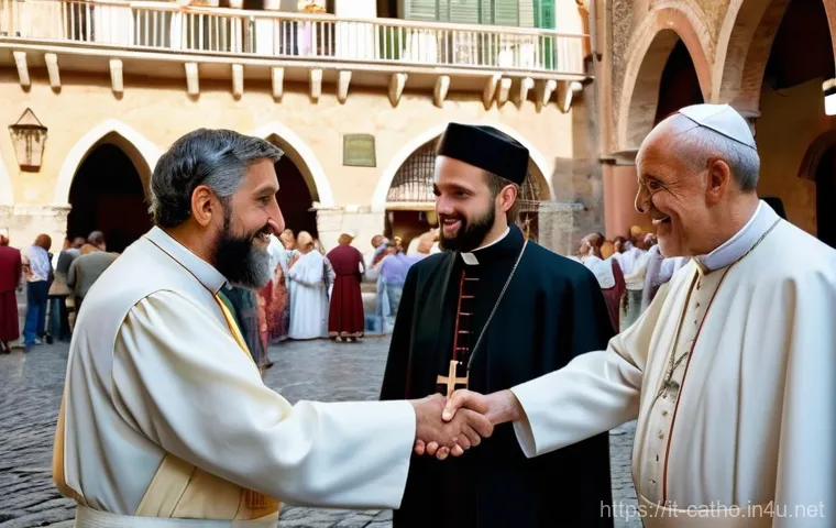 기독교 연합 운동과 가톨릭 - **Ecumenical Harmony in an Italian Piazza**
An outdoor scene in a charming, sun-drenched Italian...