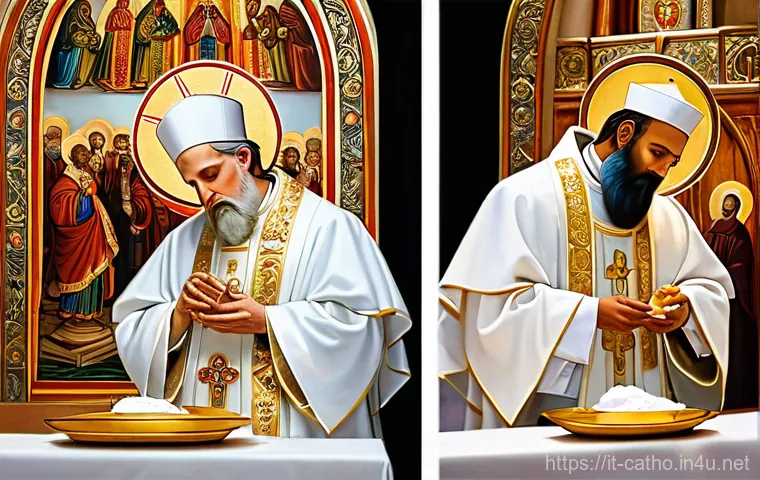 가톨릭과 동방 정교회의 차이 - **"A vibrant illustration contrasting two distinct scenes of religious leadership. On the left, a Ca...