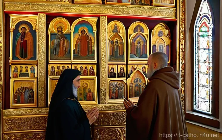 가톨릭과 동방 정교회의 차이 - **"A dual-panel image illustrating different sacramental practices. The left panel shows a tender mo...