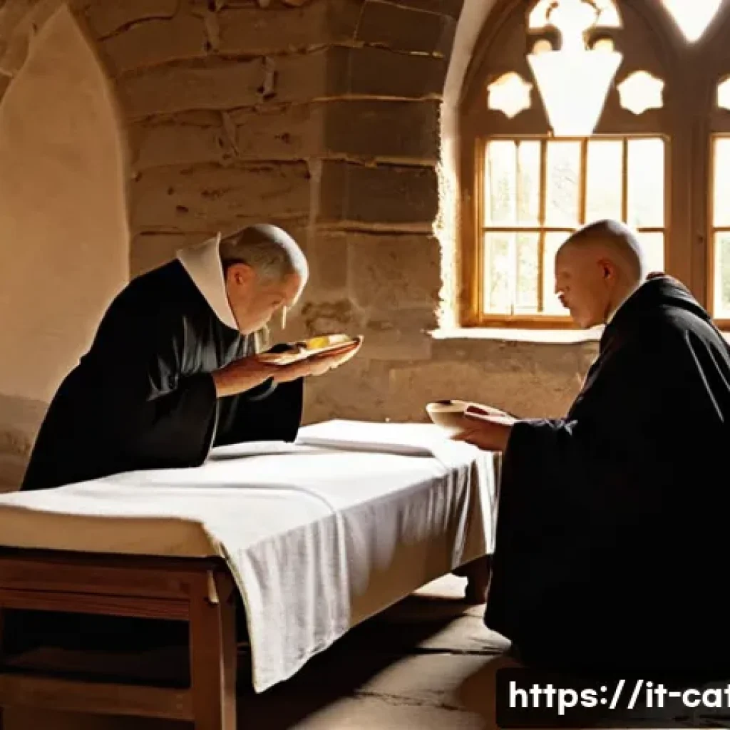 가톨릭 병원의 역사 - **Prompt 1: "The Early Seeds of Christian Solidarity"**
A wide shot depicting a serene and humbl...