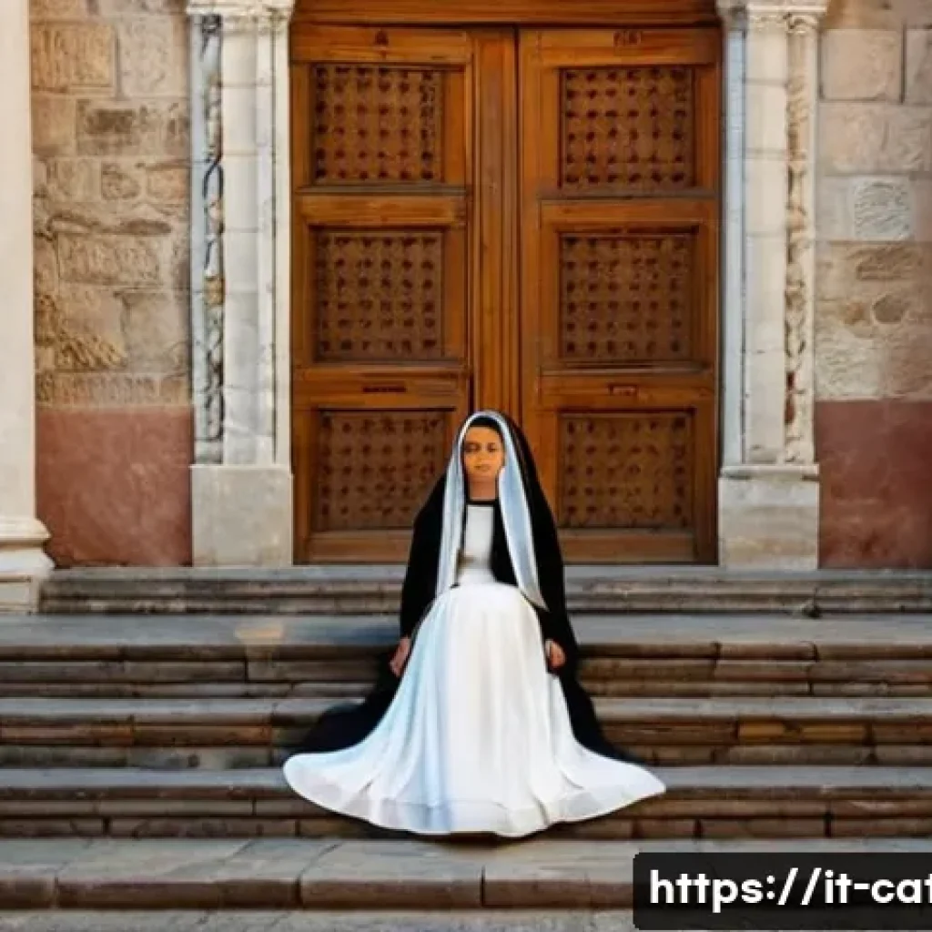 미사 전례의 구조와 의미 - **Prompt 1: Before the Threshold**
    "A serene young woman, dressed in a modest and elegant Italia...
