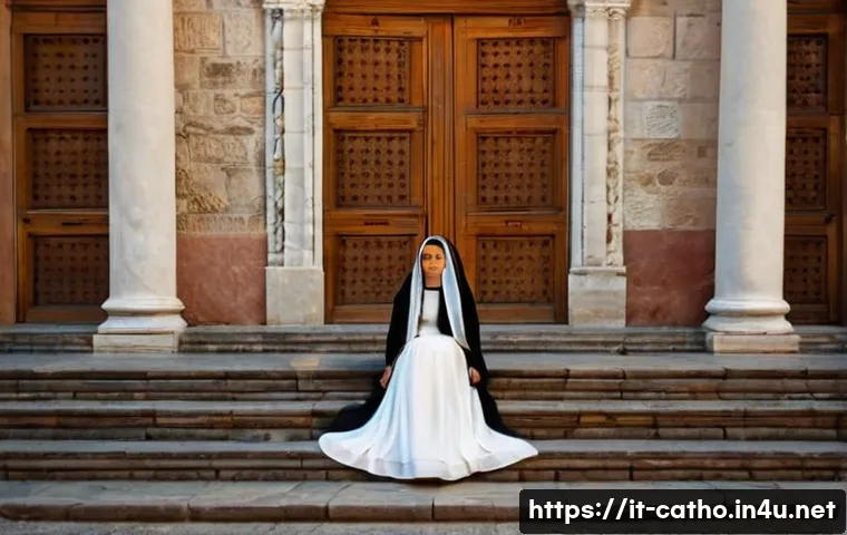 미사 전례의 구조와 의미 - **Prompt 1: Before the Threshold**
"A serene young woman, dressed in a modest and elegant Italia...