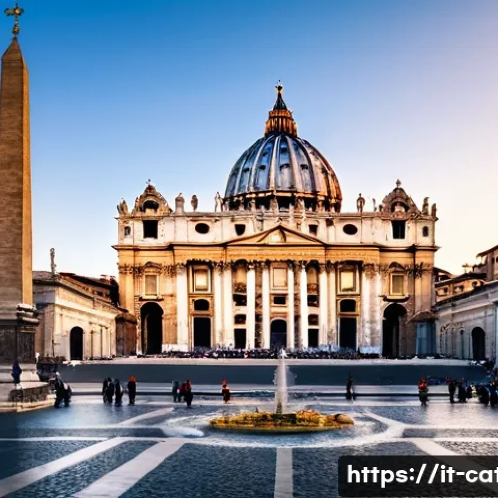 교황청 역사와 역할 - **Prompt 1: Majestic St. Peter's Square at Dawn**
    "An aerial wide shot capturing the majestic gr...