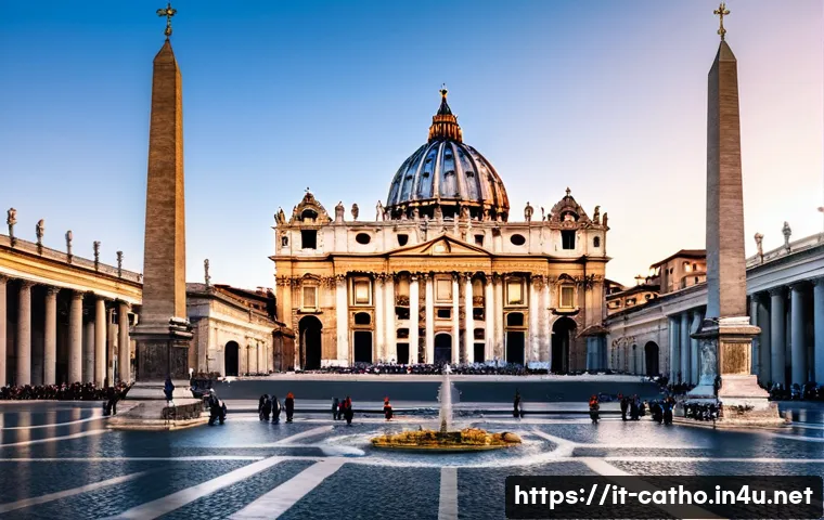 교황청 역사와 역할 - **Prompt 1: Majestic St. Peter's Square at Dawn**
"An aerial wide shot capturing the majestic gr...