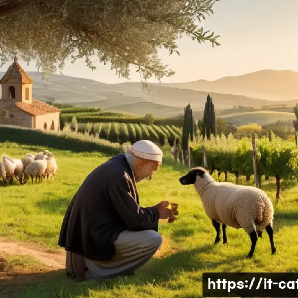 가톨릭에서의 동물 보호 문제 - A serene Italian countryside scene at sunrise, featuring a devout elderly Catholic man gently caring...