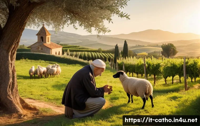 가톨릭에서의 동물 보호 문제 - A serene Italian countryside scene at sunrise, featuring a devout elderly Catholic man gently caring...