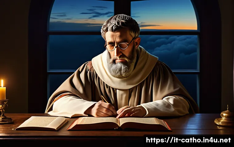 성 어거스틴의 고백록 해설 - A contemplative portrait of Saint Augustine in a dimly lit study room, wearing simple early Christia...