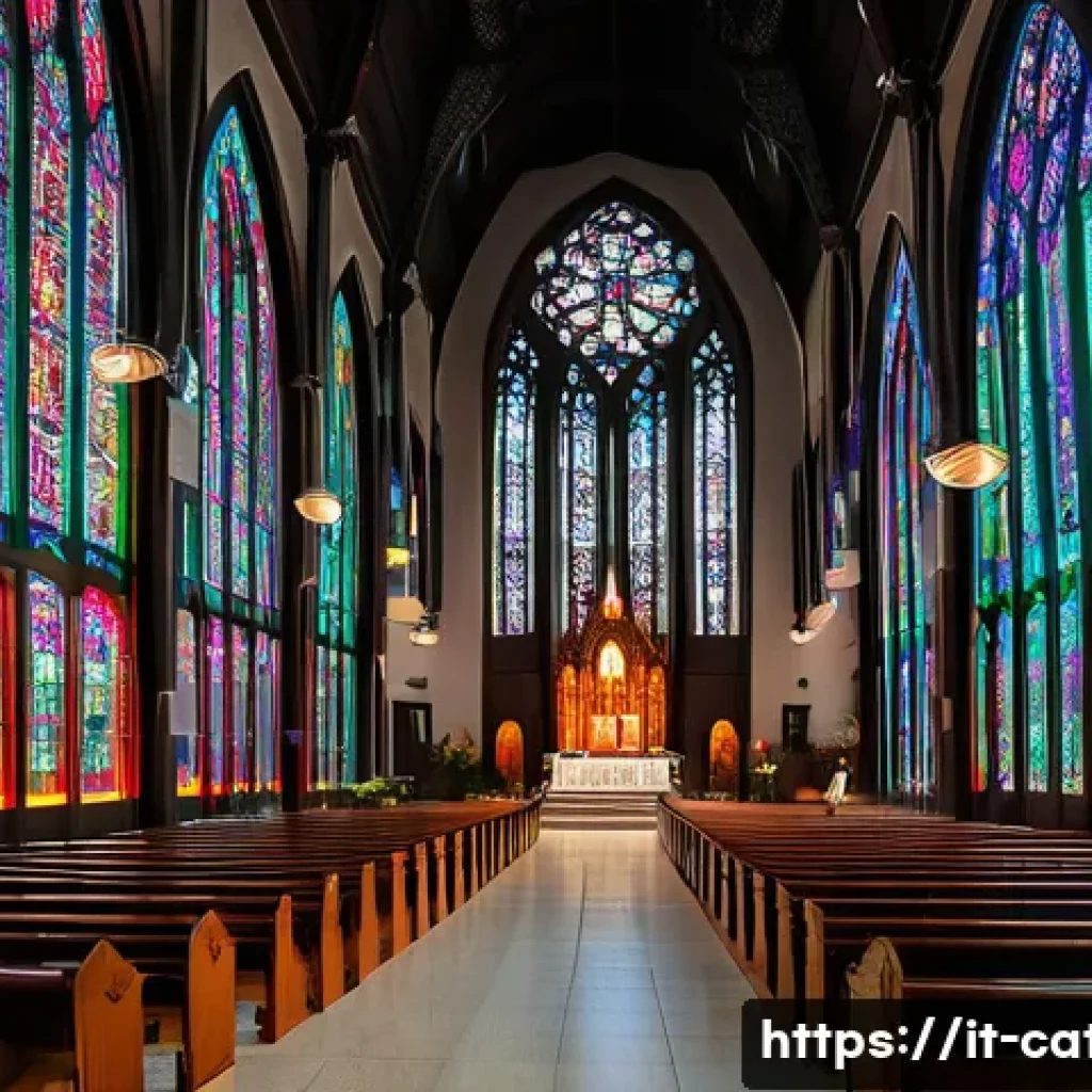한국 가톨릭 교구와 주요 성당 - A panoramic interior view of Myeongdong Cathedral in Seoul, South Korea, showcasing its blend of Got...