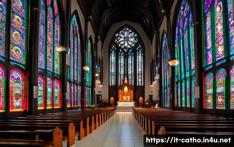 한국 가톨릭 교구와 주요 성당 - A panoramic interior view of Myeongdong Cathedral in Seoul, South Korea, showcasing its blend of Got...