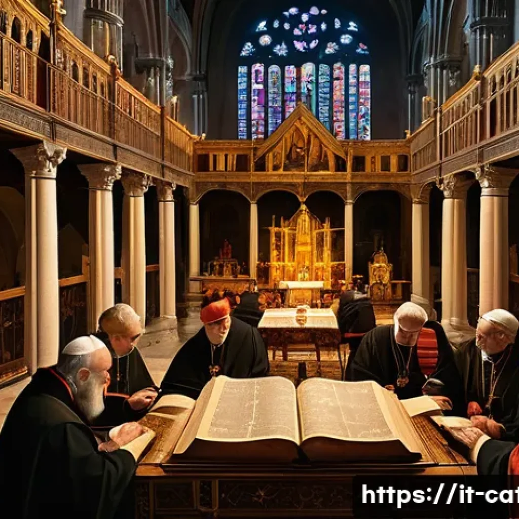 성경과 카톨릭 교회의 관계 - A richly detailed scene inside an ancient Catholic church during an ecumenical council, with bishops...