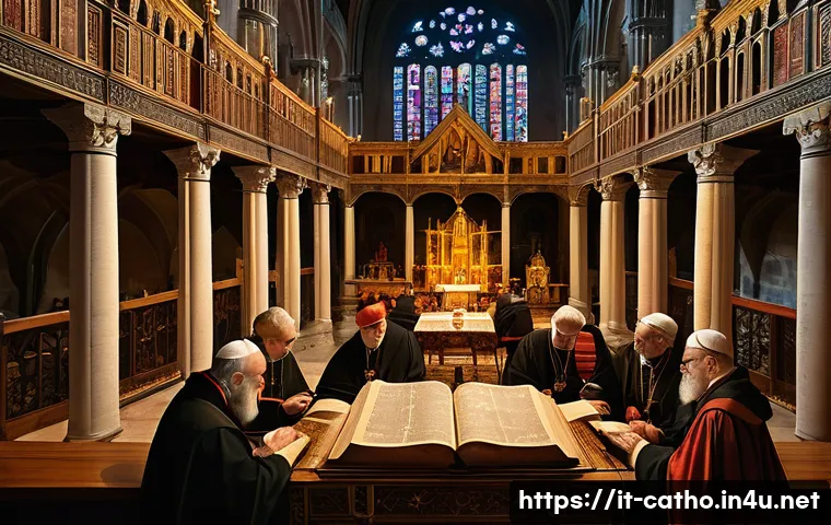 성경과 카톨릭 교회의 관계 - A richly detailed scene inside an ancient Catholic church during an ecumenical council, with bishops...