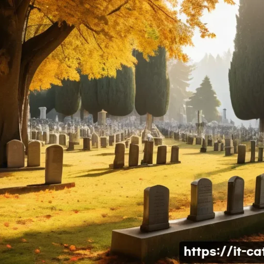 천주교 묘지 문화 - A serene Catholic cemetery scene in Italy during autumn, featuring rows of well-kept graves adorned ...