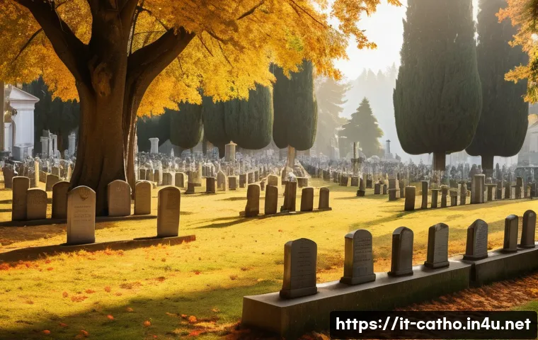 천주교 묘지 문화 - A serene Catholic cemetery scene in Italy during autumn, featuring rows of well-kept graves adorned ...