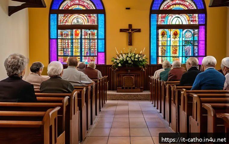 카톨릭에서의 생명 윤리 - A serene Catholic community scene inside a traditional Italian church during a daytime service, feat...