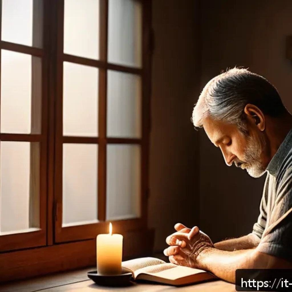 십자가의 길 기도와 묵상 - A serene and contemplative scene depicting a middle-aged Italian person sitting peacefully in a soft...