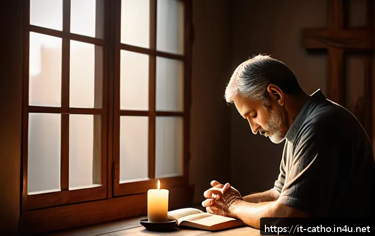 십자가의 길 기도와 묵상 - A serene and contemplative scene depicting a middle-aged Italian person sitting peacefully in a soft...