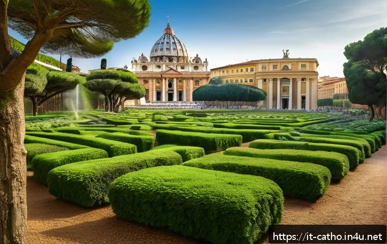 카톨릭의 환경 보호 노력 - A serene and harmonious scene of the Vatican Gardens showcasing lush green spaces with diverse plant...