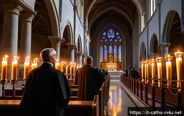 가톨릭 전례의 기원 - A solemn Catholic Mass scene inside an ancient Romanesque church interior, featuring a priest in tra...