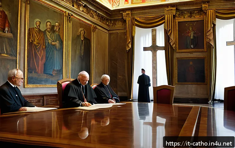 천주교와 국제 기구의 관계 - A dignified Vatican diplomat in formal attire standing in an elegant, historic European conference r...