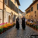 Home 22 가톨릭에서의 기적 사례 - A serene Italian village church scene during a religious pilgrimage, with diverse groups of people o...
