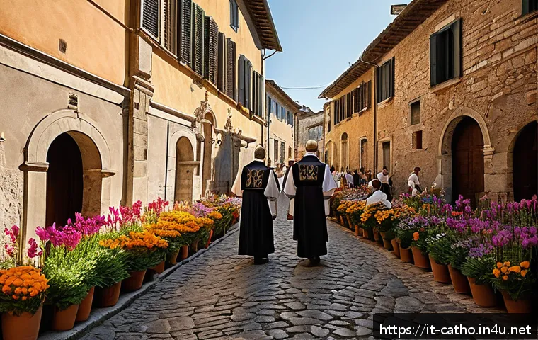 가톨릭에서의 기적 사례 - A serene Italian village church scene during a religious pilgrimage, with diverse groups of people o...