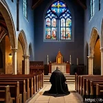 Home 21 가톨릭 고해성사의 유래 - A serene medieval church interior during the Middle Ages, showing a devout individual in modest clot...