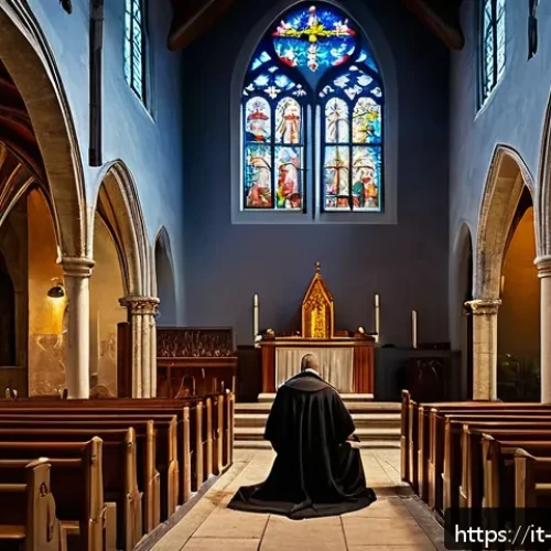 Home 33 가톨릭 고해성사의 유래 - A serene medieval church interior during the Middle Ages, showing a devout individual in modest clot...