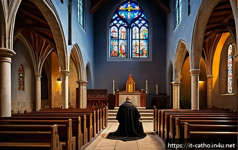 가톨릭 고해성사의 유래 - A serene medieval church interior during the Middle Ages, showing a devout individual in modest clot...