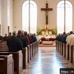 Home 20 바티칸 공의회의 역사 - A modern Catholic Mass scene inside a bright, welcoming Italian parish church after Vatican II refor...