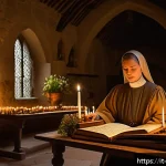 Home 19 성녀 힐데가르트의 음악과 의학 - A serene medieval abbey interior bathed in soft candlelight, featuring a group of female monks dress...