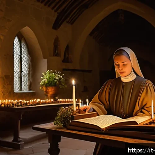 Home 31 성녀 힐데가르트의 음악과 의학 - A serene medieval abbey interior bathed in soft candlelight, featuring a group of female monks dress...