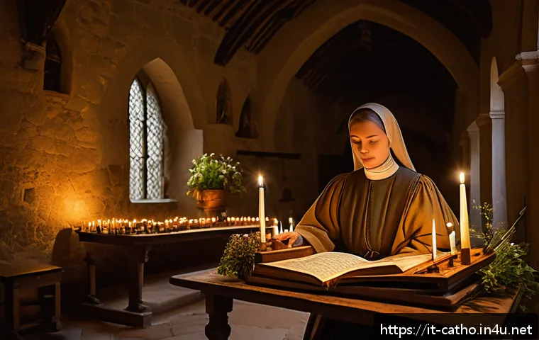 성녀 힐데가르트의 음악과 의학 - A serene medieval abbey interior bathed in soft candlelight, featuring a group of female monks dress...