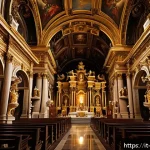 Home 18 가톨릭과 예술의 만남 - A majestic Baroque church interior illuminated by dramatic chiaroscuro lighting, showcasing richly d...