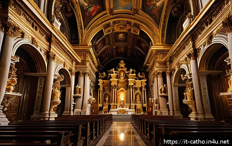 가톨릭과 예술의 만남 - A majestic Baroque church interior illuminated by dramatic chiaroscuro lighting, showcasing richly d...