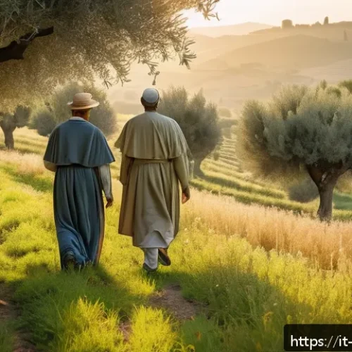 Home 17 가톨릭 교회의 일곱 성사 - A serene spiritual journey scene set in a lush Italian countryside at dawn, featuring a diverse grou...
