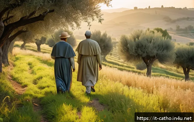 가톨릭 교회의 일곱 성사 - A serene spiritual journey scene set in a lush Italian countryside at dawn, featuring a diverse grou...