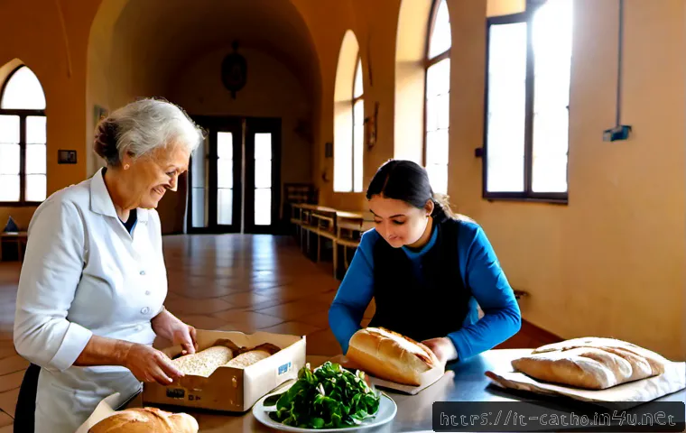 Home 17 가톨릭과 자선 운동 - Photorealistic Italian Catholic charity volunteers in a sunlit parish community kitchen, an elderly ...